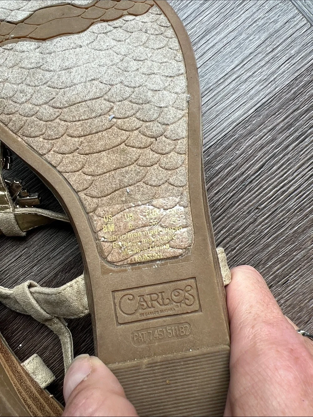 Gold Embellished T-Strap Sandals with Crystal Accents Size 8M
